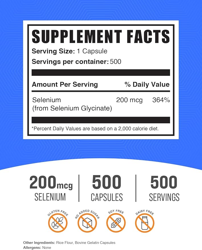 BulkSupplements.com Selenium Glycinate Capsules - Selenium Supplement, Selenium 200mcg Capsules - Essential Trace Mineral, Gluten Free, 1 Capsule per Serving, 500 Count (Pack of 1)