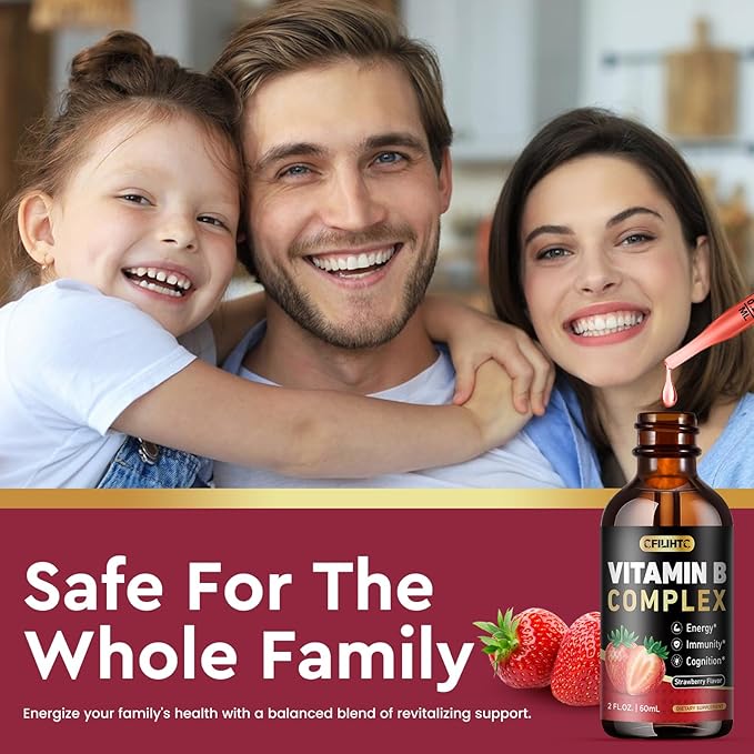 Vitamin B Complex Liquid Drops, B Vitamins Complex Supplement with B1, B2, B3, B5 B6, B7, B9 & Methyl B12 Drops for Adults & Kids, Vegan, Strawberry Flavor