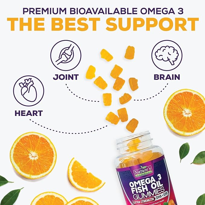 Omega 3 Fish Oil Gummies Triple Strength Vitamin - DHA & EPA with Fatty Acids for Heart Health, Joint, Brain Support Fish Oil Omega-3 Supplement Nature's High Absorption Orange Flavor Gummy, 60 Count