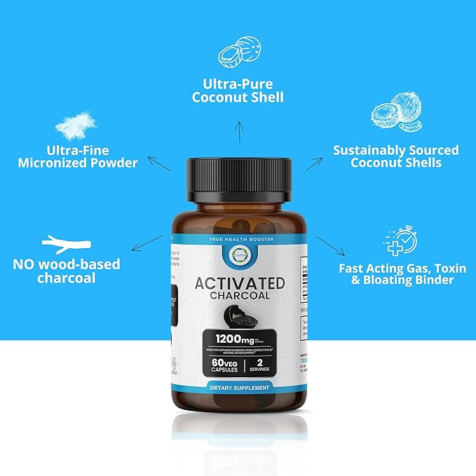 Activated Charcoal Capsules 1200 MG, 60 Veg Caps, 30-Days Premium Detox & Digestive Support, Gas & Bloating Relief, Organic Coconut Shell Charcoal, Gut Health, USA Made.