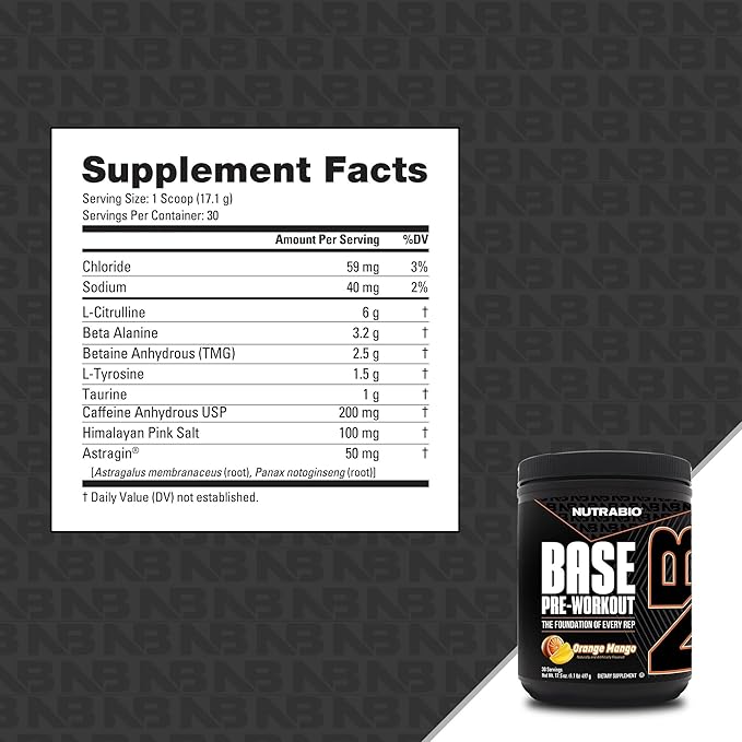 NutraBio Base Pre-Workout Powder 200mg Caffeine, Sustained Energy, Focus, Endurance, Pump, Sugar Free, Clean Preworkout for Men and Women - Beta Alanine, L-Tyrosine, 30 Servings - Orange Mango