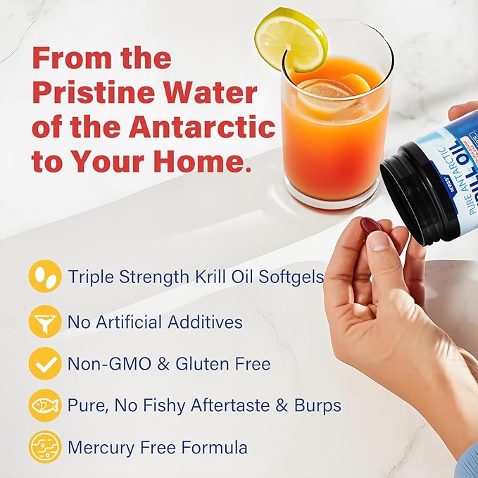 Antarctic Krill Oil 1200 mg Omega 3 Supplement, Omega 3 Krill Oil Softgels w/EPA, DHA, Astaxanthin & Phospholipids for Brain & Antioxidant, Sustainably Sourced, No Fishy Aftertaste, 120 Softgels
