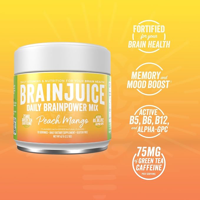 BrainJuice Active Peach MangoDaily BrainPower Mix - 15 Servings (2.2 Oz, Peach Mango)