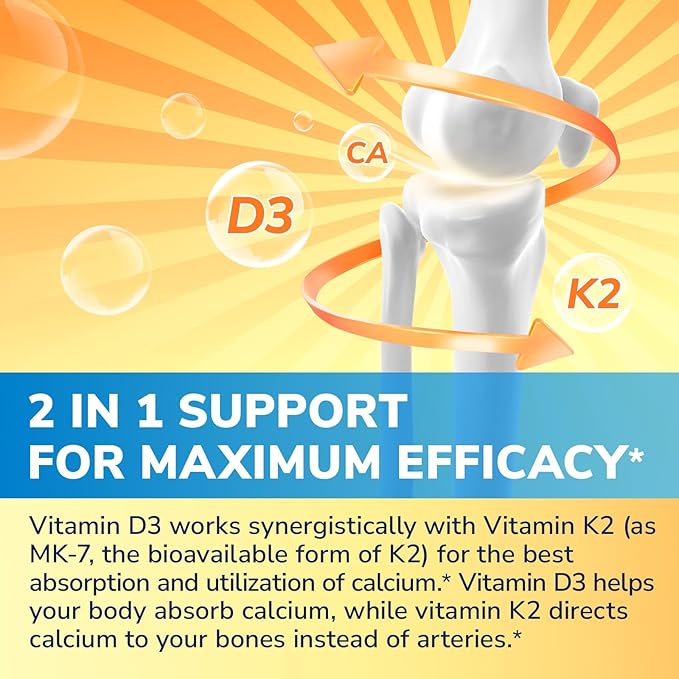 Vitamin D3 K2 Supplement, 10000 IU D3 / 200 mcg K2 MK7, Calcium Absorption, Bone, Heart, Immune & Mood Support, Enhanced Absorption, No Soy, Easy to Swallow, 60 Softgels
