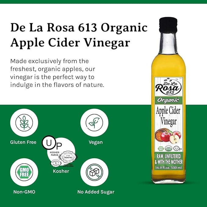 De La Rosa Organic Apple Cider Vinegar, Raw & Unfiltered with The Mother, Kosher for Passover, Vegan & Gluten-Free, Perfect for Salad Dressings & Marinades, 16.9 oz (Single Bottle)