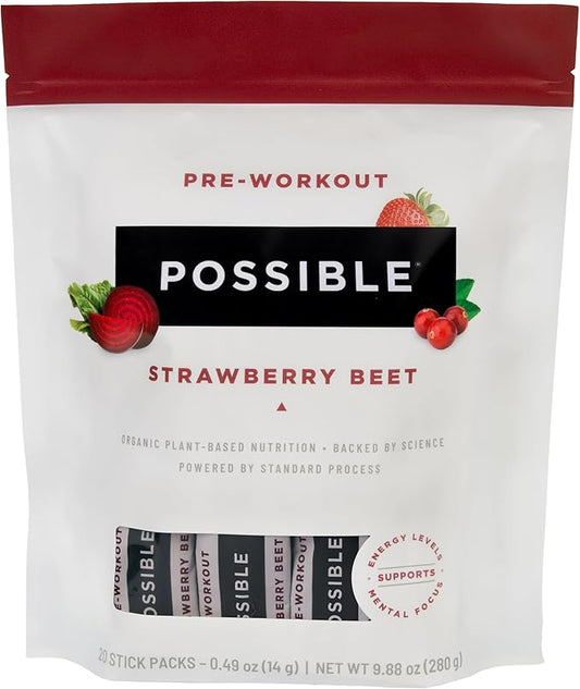 Possible Beet Pre-Workout - Strawberry Beet Flavor - Individually Wrapped Servings - Contains B-Vitamins and Green Tea Caffeine Extract - Source of Nitrates - 1 Bag, 20 Stick Packs