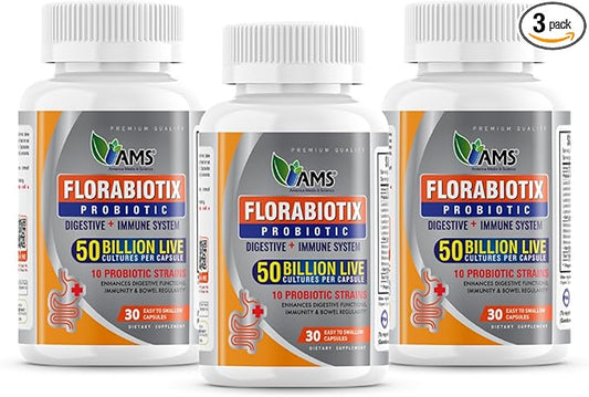 America Medic & Science Florabiotix Probiotic (90 Capsules) | Dietary Supplement for Men and Women| 50 Billion Live Cultures | 10 Probiotic Strains | Supports Digestive and Immune Health (Pack of 3)