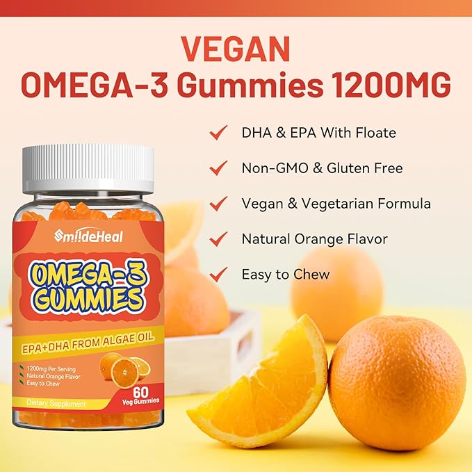 Omega 3 Gummies Supplement 1000mg, High Absorption DHA & EPA, Heart, Brain & Joint Support, Extra Strength Fish Oil Omega 3 Gummies Vitamins, 60 Count