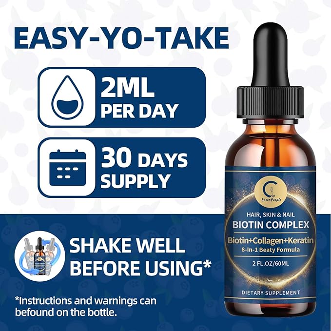 Liquid Biotin & Collagen Drops 20,000mcg--High Potency Hair Growth Vitamin Support - Biotin and Liquid Collagen Supplement for Women & Men - Glowing Skin Support, Healthy Hair & Nail Growth - 4 Fl Oz