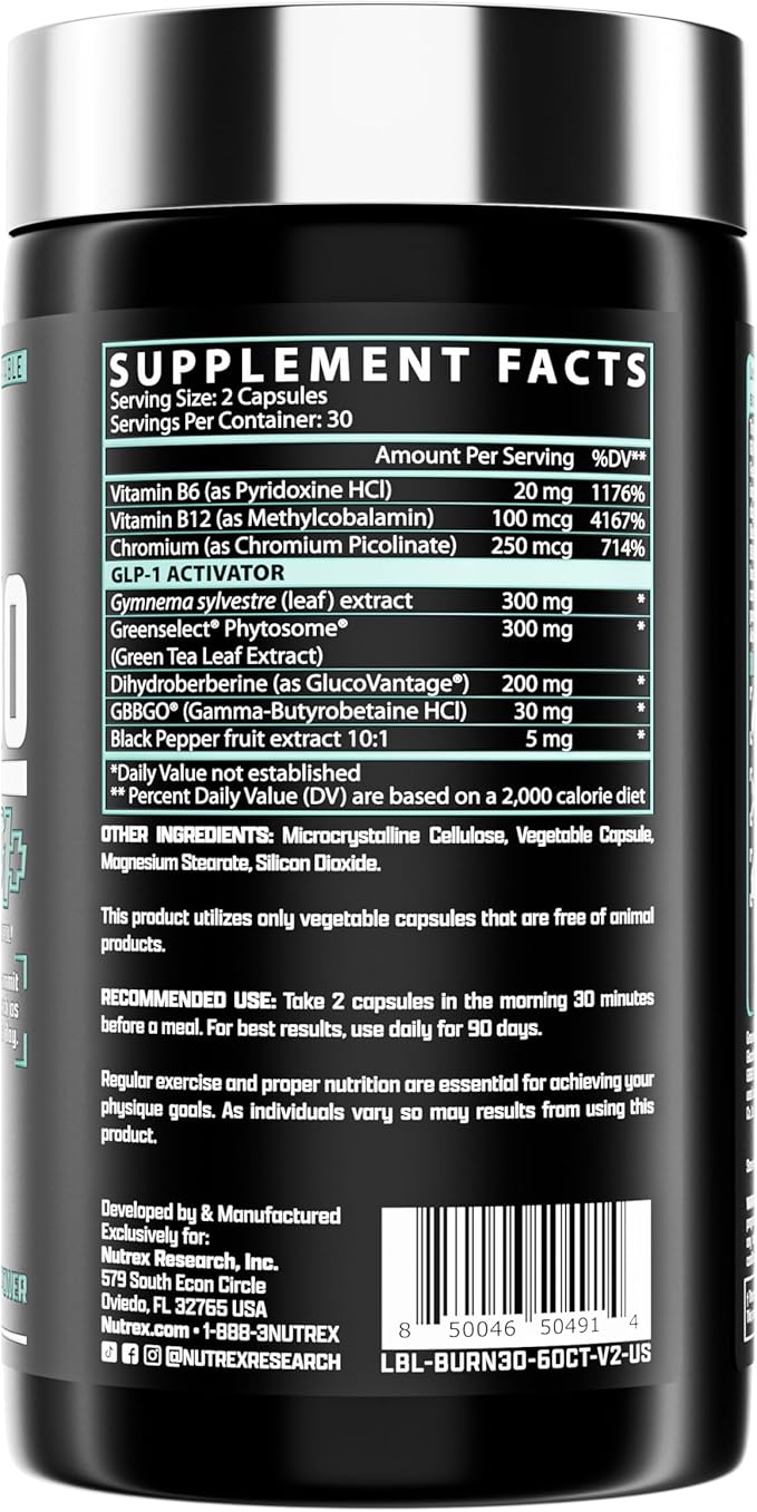 Nutrex Research BURN30 GLP1+ Super Berberine Chromium Picolinate Weight Management Support | Advanced Appetite Control & Metabolism Support with Clinically Studied Ingredients  | Stimulant Free