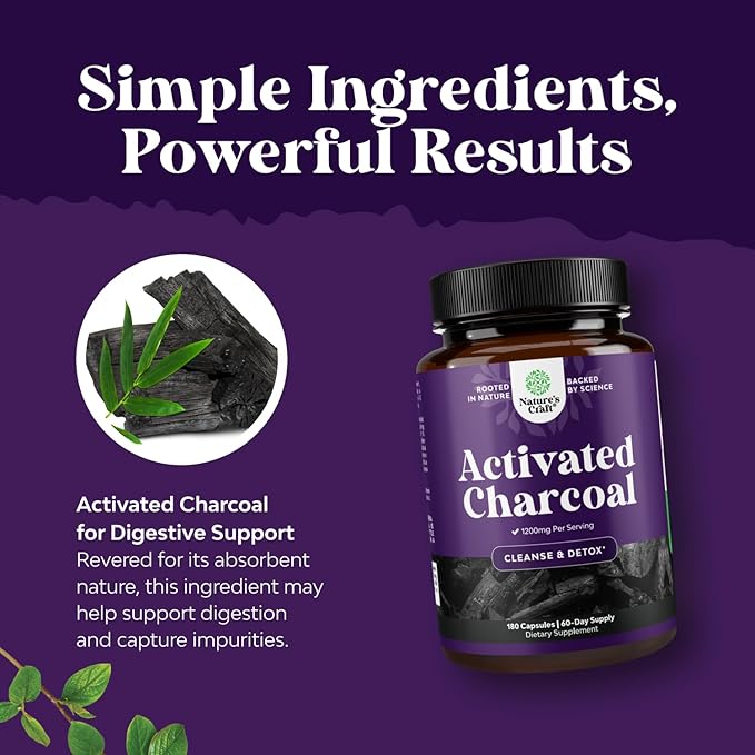 Natures Craft Activated Charcoal Pills Detox & Cleanse - Purifying Coconut Capsules with 1200 mg Per Serving for Bloating Relief - Active Detox Supplement for Body & Gut Health -180 Count