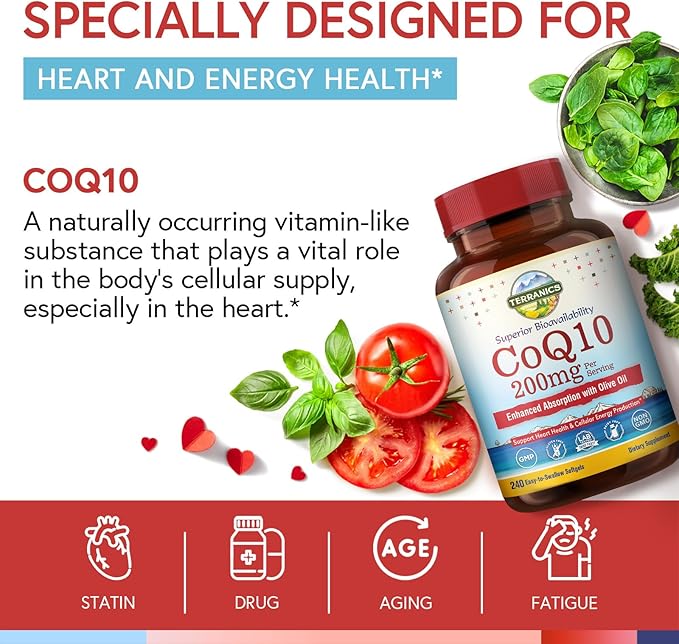 Terranics CoQ10 200mg, Coenzyme Q10 Supplement with Extra Virgin Olive Oil for Enhanced Absorption, Made in USA, Supports Heart Health, Antioxidant Protection, Energy Production, Non-GMO, 240 Softgels