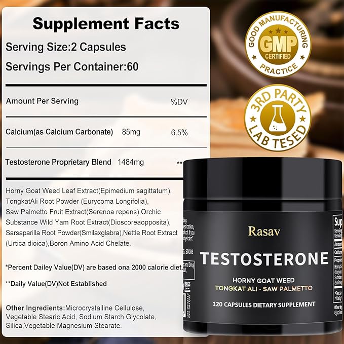 Rasav Horny Goat Weed and Tongkat Ali Supplement for Men, Testosterone Booster Supplement for Men, Male Enhancing Supplements, Supports Muscle Growth, Strength, Energy and Stamina, 120 Capsules