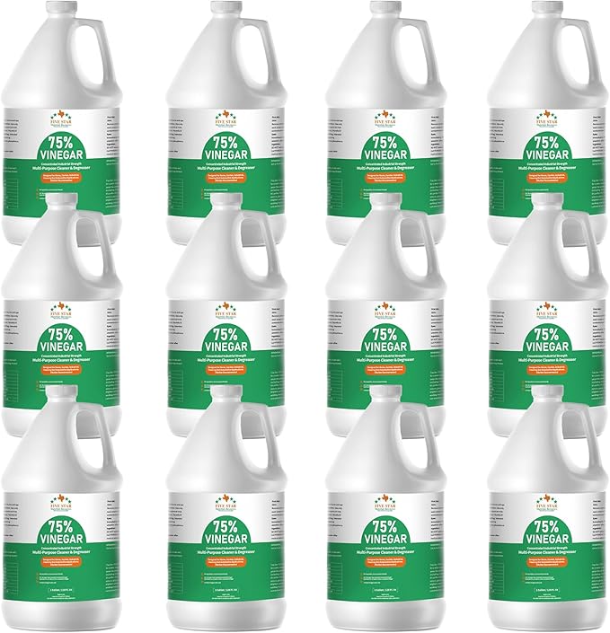FIVE STAR MATERIALS RESOURCES 75% Vinegar Concentrated | White Vinegar for Cleaning and Garden | Home, and Outdoor Pure | Max Performance 18X Power | with Instructions 12 Gallons (1536 fl oz)