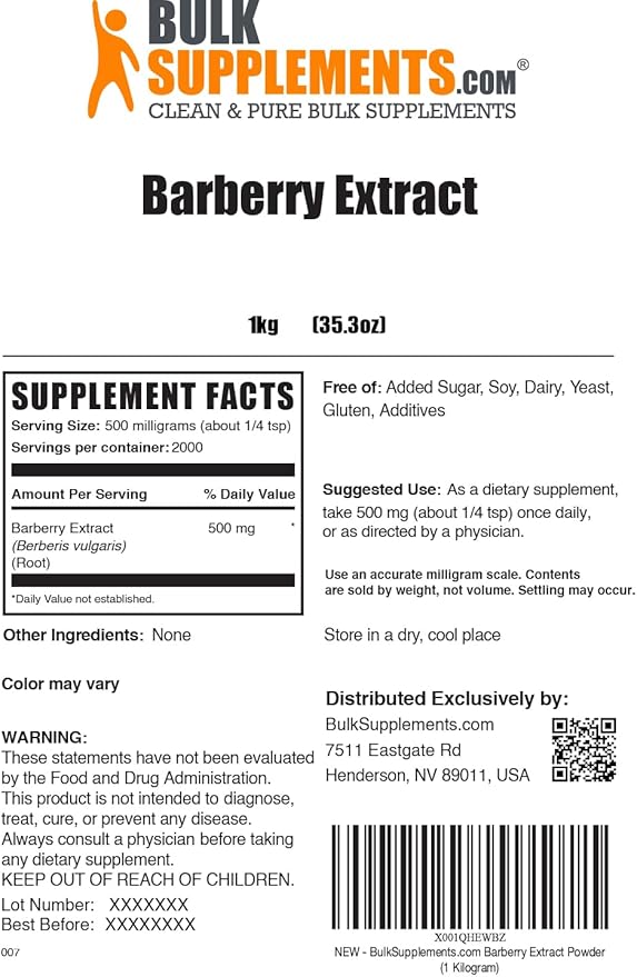 BulkSupplements.com Barberry Extract Powder - Barberry Sypplement, Herbal Supplement - Vegan & Gluten Free, 500mg per Serving, 1kg (2.2 lbs) (Pack of 1)