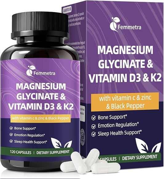 Magnesium Glycinate 600mg Vitamin D3 K2 Supplement with Zinc, L-Theanine & Melatonin - Bone Support, Energy & Mood Manage, Sleep Health for Men & Women, Non-GMO, Vegan, 120 Capsules
