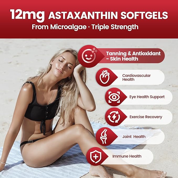 Astaxanthin 12mg, 720 Softgels, Fresh Haematococcus Pluvialis 10 in 1 Astaxanthin Antioxidant Supplements, Contains Lycopene, Grape Seed, Vitamin E, Supports Eye Joints Skin Health, 3Bag