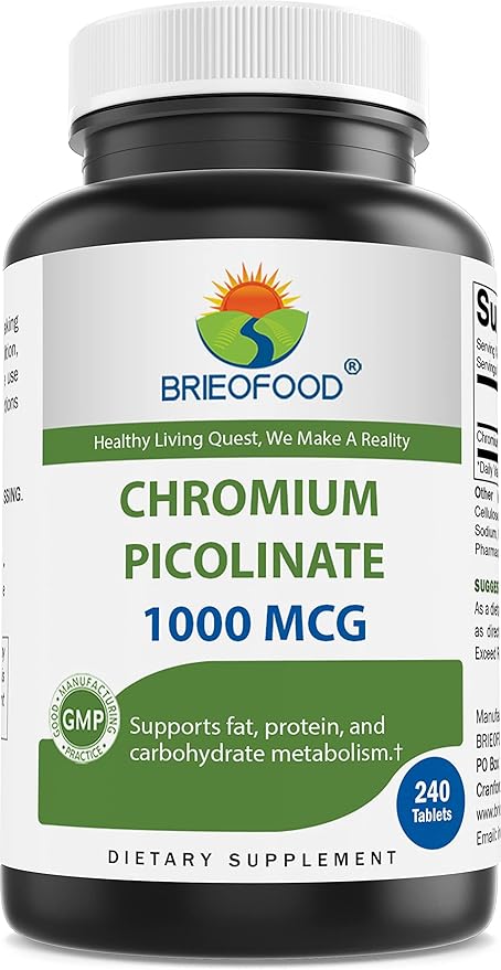 Brieofood Chromium Picolinate 1000 mcg Pills - 240 Tablets - 240 Servings - Non-GMO, Gluten Free