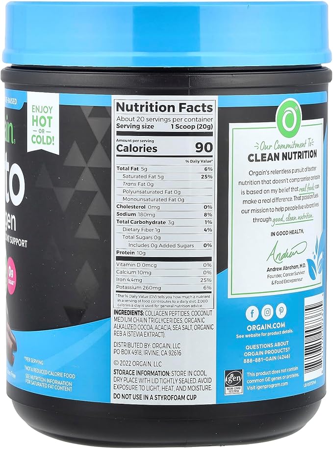 Orgain Keto Collagen Protein Powder with MCT Oil, Chocolate - Paleo Friendly, Grass Fed Hydrolyzed Collagen Peptides Type I and III, Dairy Free, Gluten Free, Soy Free, 0.88 Lb (Packaging May Vary)