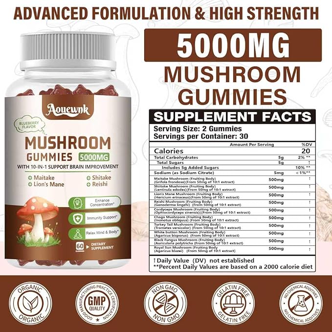 2 Pack 5000MG Mushroom Gummies - 10-in-1 Blend Mushroom Complex Supplement containing Lion's Mane, Immunity, Focus & Energy, Support Adults & Kids, 120 Cts