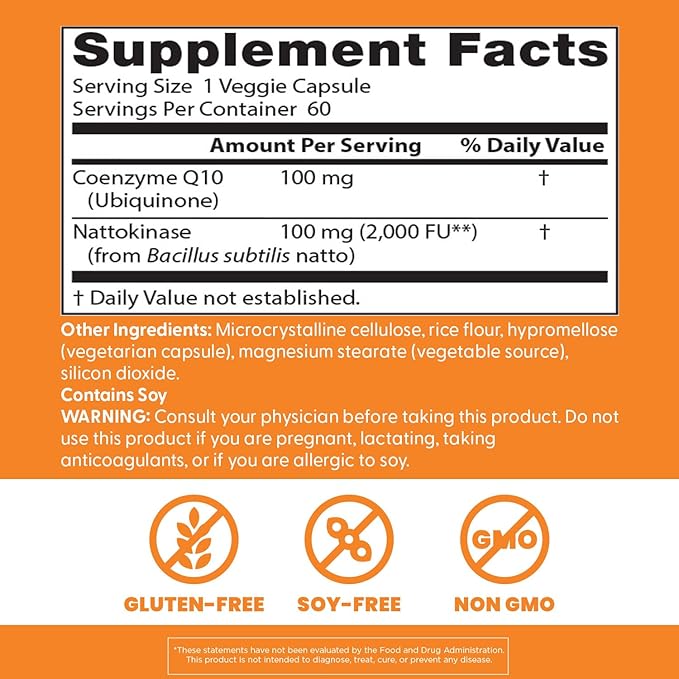 Doctor’s Best CoQ10 100 mg + Nattokinase 2,000FU, Supports Heart & Circulation Support, Non-GMO, Gluten Free, Vegan, 60 Veggie Caps