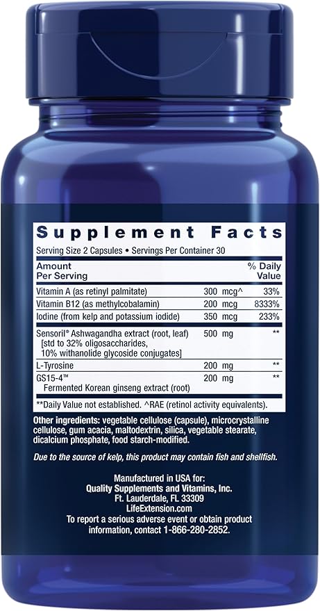 Life Extension Thyroid Support Complex - Thyroid Health Support Supplement with Vitamins A, B, Iodine, Magnesium, L-Tyrosine, Ashwagandha & Ginseng for Energy – Non-GMO, Gluten-Free - 60 Capsules