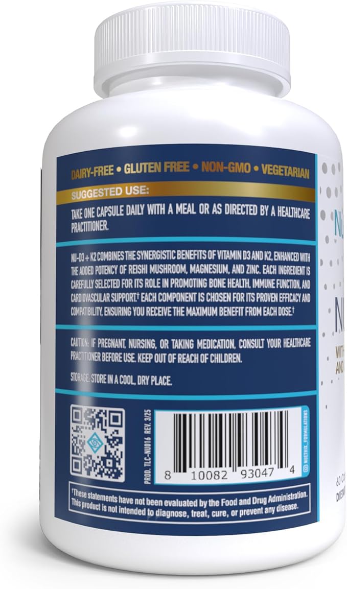 NuEthix Formulations NU-D3 + K2 - Vitamin D3 and K2 5000 iu Supplements - Packed with Reishi Mushroom, Magnesium, & Zinc - 60ct, 60 Servings - Made in USA Products Only