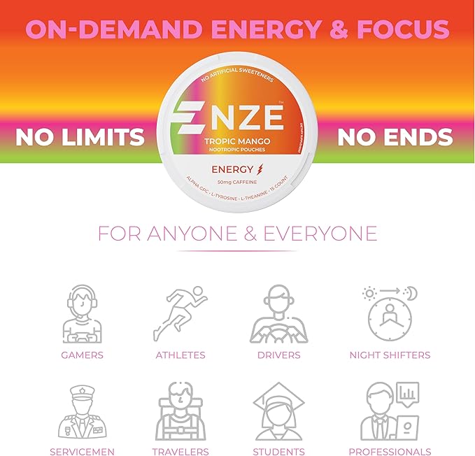 NZE Caffeine Nootropic Pouches (Tropic Mango) - Energy Pouches with 50mg Caffeine, Alpha GPC, L-Tyrosine & L-Theanine - No Sugar or Artificial Sweeteners - 15 Nicotine Free Pouches Per Can - 5 Pack