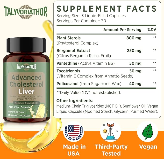 Advanced Cholesterol Lowering Supplements & for High Cholesterol | Liquid-Filled Capsules for Maximum Absorption | Plant Sterols, Policosanol, Bergamot Extract | Triple-Action Formula,180 Capsules