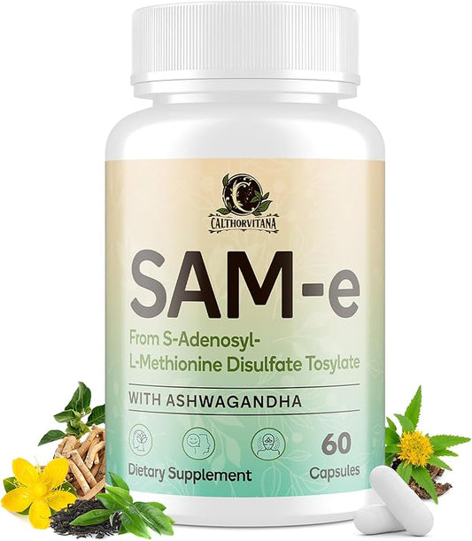 SAM-e Supplement – Capsule Complex with Ashwagandha Extract, L-Theanine, Rhodiola, St. John’s Wort, Omega-3 Fatty Acids, Magnesium, B Vitamins & D3, 60 Capsules
