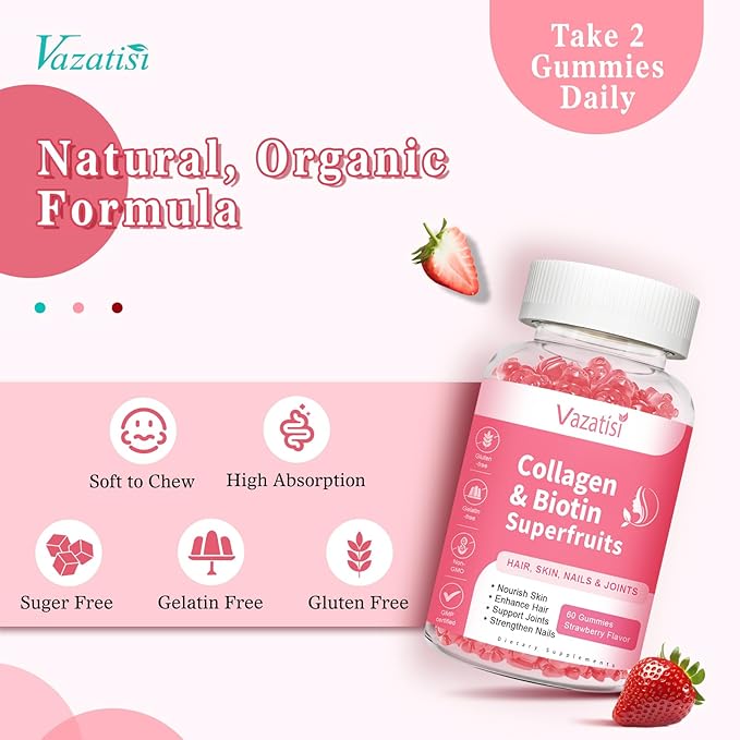 2 Pack Sugar Free Collagen Gummies for Women Men, Multi Collagen Peptides Gummies Type I II III V X with Biotin Vitamin A B C D E for Hair Skin Nails, Strawberry Flavor, 120 Count