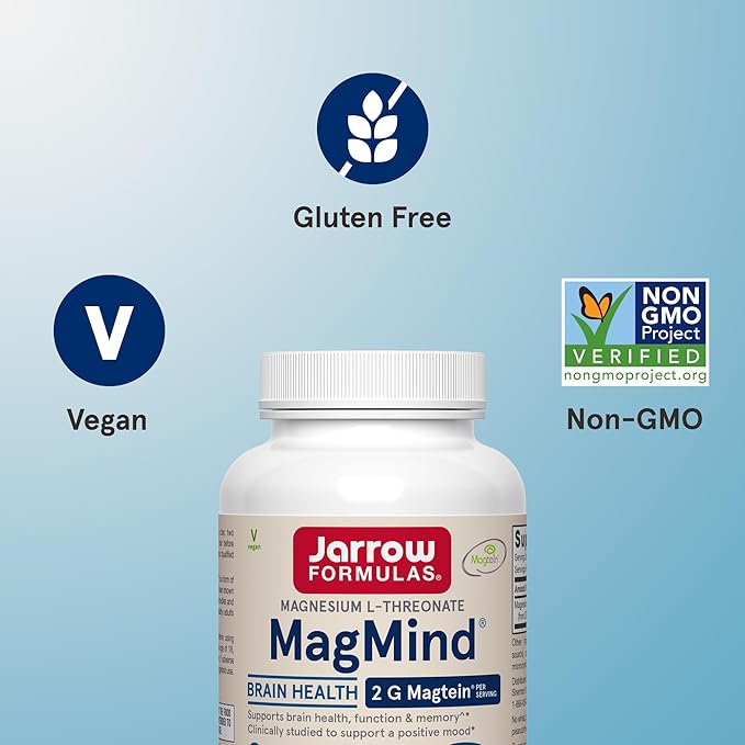 Jarrow Formulas Magnesium L-Threonate, MagMind Magtein Brain Supplements for Memory Support, 90 Veggie Capsules, Up to a 30 Day Supply