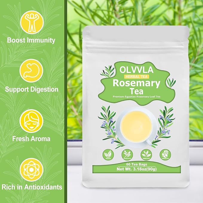 Olvvla - Rosemary Tea Bags - 1.5g X 60 Count - Pure Natural Dried Rosemary Leaves - Cultivated in Egypt - Non-GMO - Caffeine-free - Support Digestion