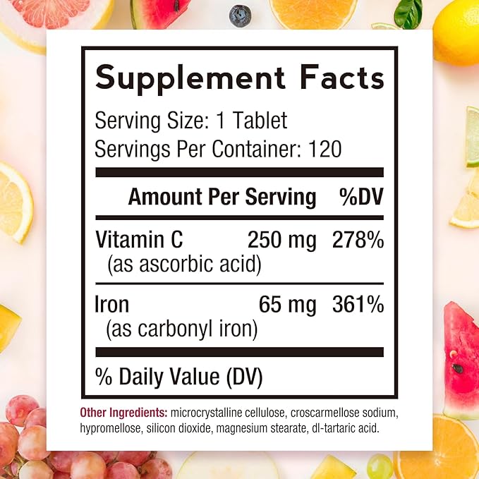 Doctor's Recipes Iron Supplement 65 mg with Vitamin C - Maximized Absorption & Stomach Friendly Iron Pills for Red Blood Cells Formation, Heart, Brain & Immunity Health - Vegan Non-GMO 120 Iron Tabs