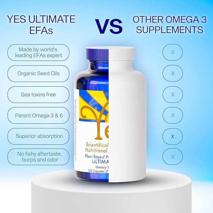 Plant Based Fish Oil Alternative YES Omega 3 & 6 Fatty Acid - Burpless - DHA, EPA, SDA - Cholesterol, Heart, Skin, Energy, Eyes, Immunity Support by YES (120 Gel caps)