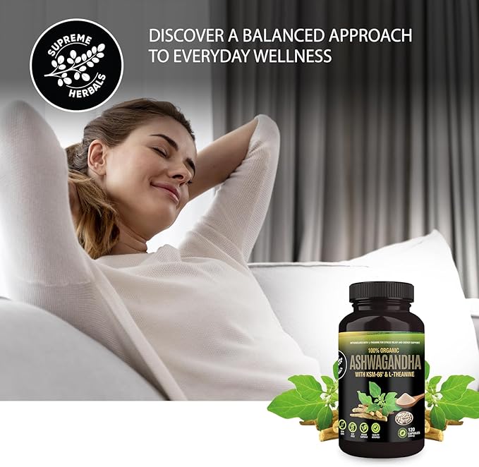 Organic Ashwagandha Capsules 500 mg with KSM-66® & L-Theanine, 120 Veggie Capsules – Non-GMO, Gluten-Free, Soy-Free – Withania Somnifera Herbal Supplement