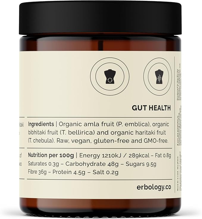 Erbology Organic Triphala Powder 3.2 oz - 45 Servings - Ayurvedic Blend of Amla, Haritaki and Bibhitaki - Gut Health - Sustainably Sourced Straight from Farm in India - Small Batch - Vegan - GMO-Free