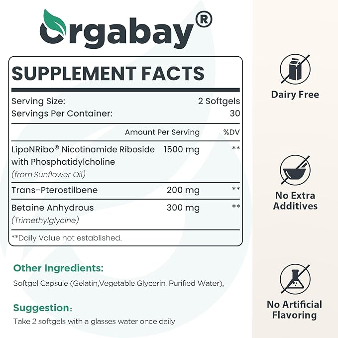 Orgabay Liposomal Nicotinamide Riboside 2000 MG with TMG and Pterostilbene, Boosting NAD+, Support Healthy Aging, 60 Count