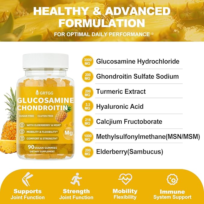 Glucosamine Chondroitin Gummies with MSM & Elderberry Extra Strength 3000MG - Joint Support, Antioxidant Immune Support Supplement for Adults, Men & Women - 90 Pineapple Gummies