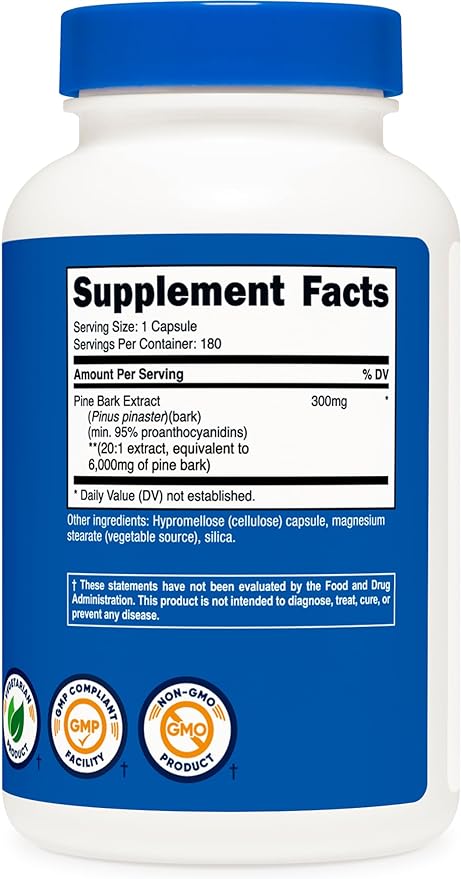 Nutricost Pine Bark Extract 6000mg Equivalent (from 300mg of 20:1 Extract), 180 Capsules, Standardized to Contain 95% Proanthocyanidins - Vegetarian, Non-GMO and Gluten Free