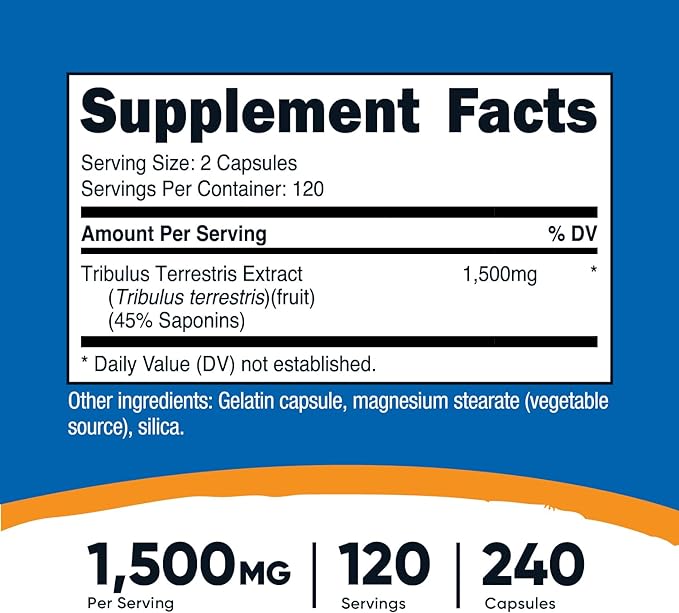 Nutricost Tribulus Terrestris Extract 1500mg, 240 Capsules - 45% Saponins, 120 Servings, Non-GMO, Gluten Free