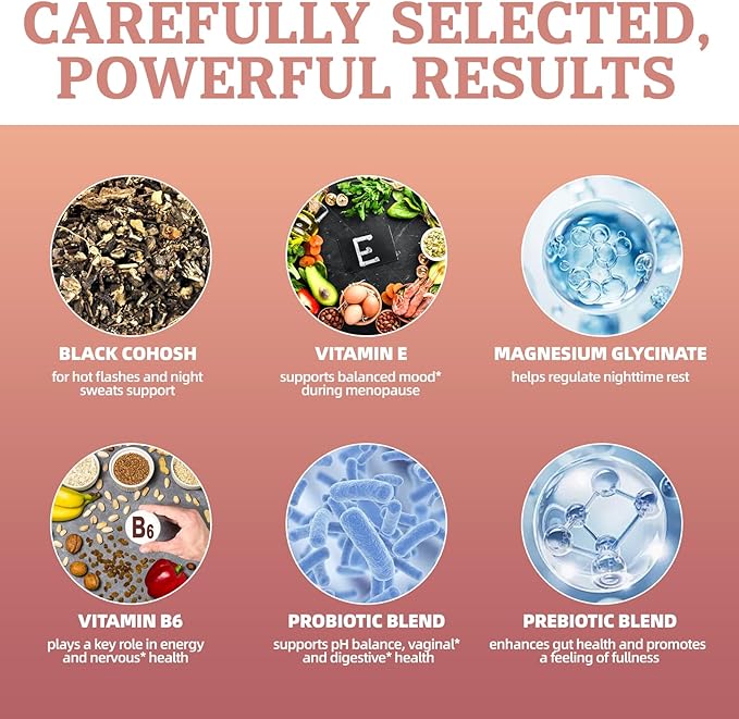 Black Cohosh Menopause and Menstrual Gummies with Magnesium, Vitamin E, Probiotic & Prebiotic - Hot Flashes* and Night Sweats* Relief Supplements - Vegan, Peach Flavored, 60 Counts