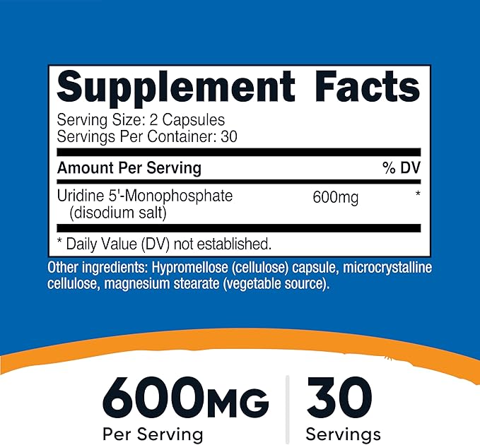 Nutricost Uridine Monophosphate 60 Capsules, 600 mg per Serving - Vegan, 30 Servings
