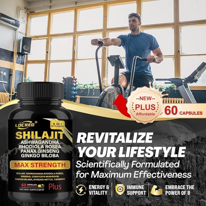 Shilajit Capsules for Men & Women, 8 in 1, with Shilajit 18000 mg, Ashwagandha, Ginseng, Ginkgo, Rhodiola, Cordiceps, Natural Energy & Stamina Supplement for Men, 60 Capsules.