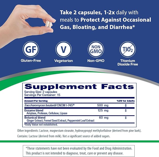 Florastor Advanced Gas and Bloat Probiotic, Digestive Enzymes and Botanicals, Plus Probiotics for Digestive Health, 30 Capsules (Pack of 2)