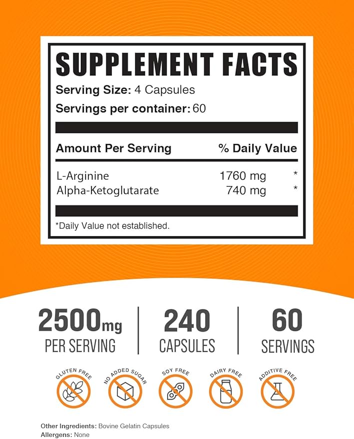 BulkSupplements.com AAKG Capsules - Arginine AKG Supplement, Nitric Oxide Supplement - Gluten Free, 4 Capsules per Serving (2500mg), 240 Count (Pack of 1)