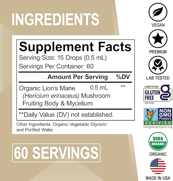 Lions Mane Mushroom Supplement Drops - Organic Lion's Mane Mushroom Liquid Tincture for Focus, Fog Brain Health Supplements - Vegan Herbal Nervine Nootropic Organic Lions Liquid Supplement Extract 1oz