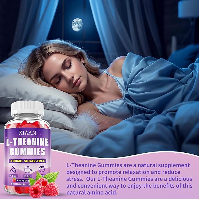 L-Theanine Gummies for Kids & Adults, L'Theanine 400mg Chewable L Theanine Supplement for Calm, Zzz & Relaxation Support, Vegan, Organic, Raspberry Flavor, 120 Counts