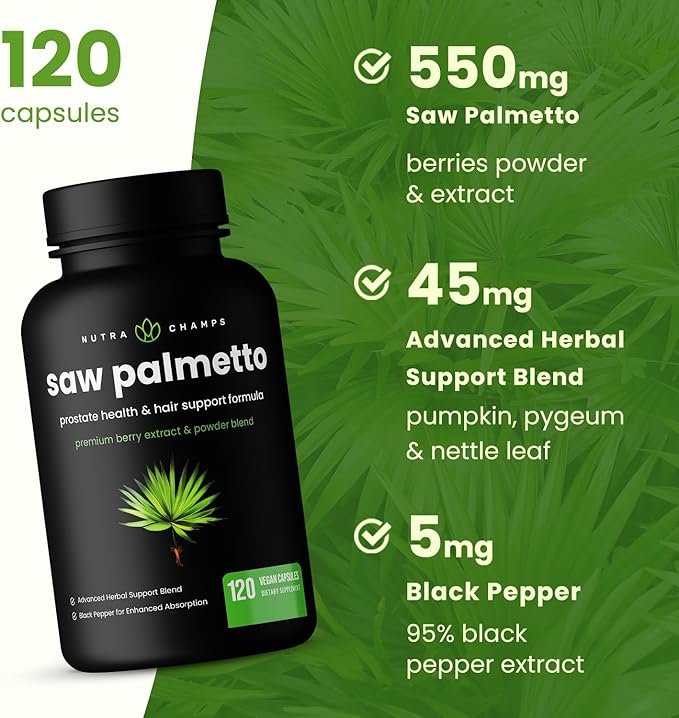 NutraChamps Saw Palmetto Supplement for Prostate Health [Extra Strength] 600mg Complex with Extract, Berry Powder & Herbs - Supports Healthy Urination Frequency, 120 Capsules