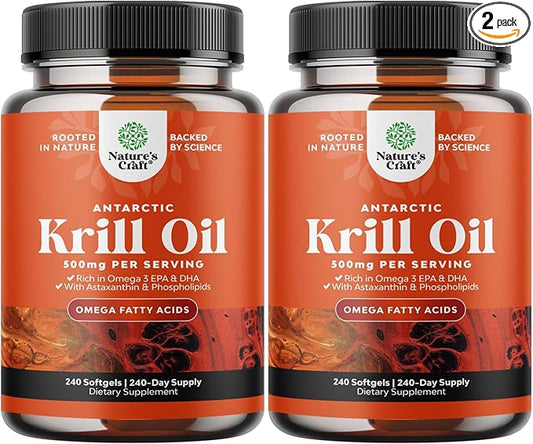 Antarctic Krill Oil 500mg Softgels - Omega 3 Krill Oil Supplement with EPA DHA & Astaxanthin for Brain Joint & Heart - 3rd Party Lab Tested No Gluten GMOs or Fishy Aftertaste - 2 Packs